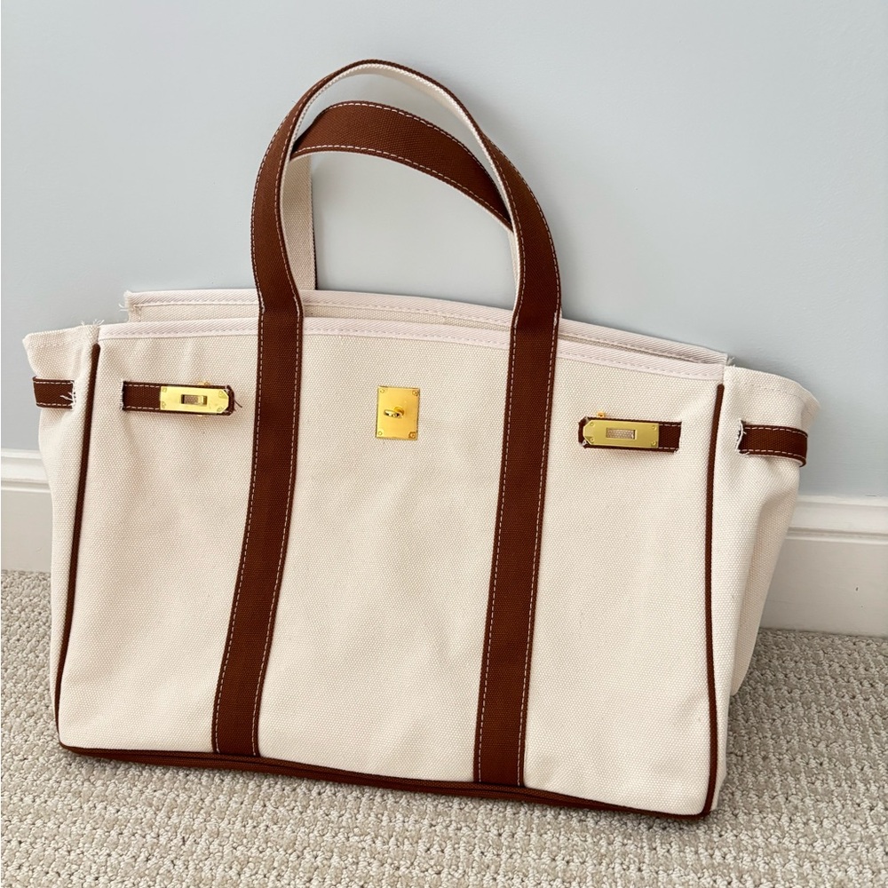Canvas Tote Bag with Brown Leather Trim - Cream and Brown